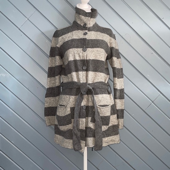 Vintage Horny Toad Angora/Boiled Wool Grey Striped Belted Button Down Cardigan - Picture 1 of 8